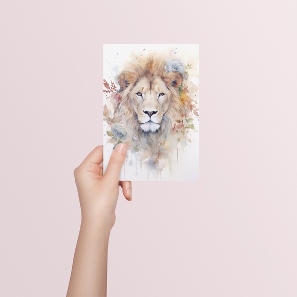 Watercolor Lion With Flowers Portrait Wall Art Illustration Print Unframed - Picture 5 of 6